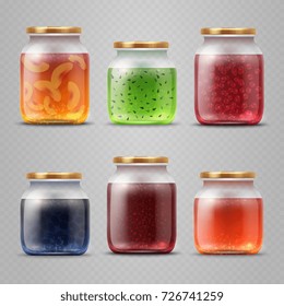 Glass jar with with jam and fruit marmalade vector set. Jar with fruit jam and homemade dessert illustration