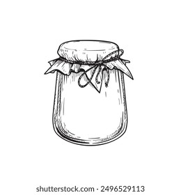 Glass jar with jam or honey. Sketch hand drawn drawing. Best for packaging and home made conservation designs. Vector illustration in vintage style.