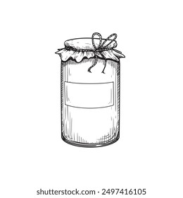 Glass jar with jam or honey. Sketch hand drawn drawing. Best for packaging and home made conservation designs. Vector illustration in vintage style.