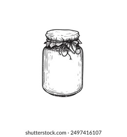 Glass jar with jam or honey. Sketch hand drawn drawing. Best for packaging and home made conservation designs. Vector illustration in vintage style.
