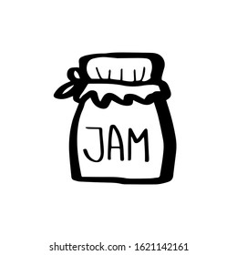 Glass jar for jam and honey without a plastic lid tied with a rag. Ecology concept in doodle style isolated on white background. Zero waste. Refuse plastic. Vector outline illustration.