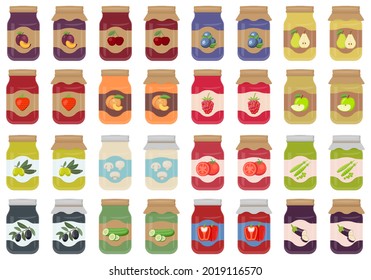 Glass jar with jam. Jars with labels fruit jam. Autumn harvesting and canning set. Jars with pickled and canned vegetables. Vector illustration. Eps 10. - Shutterstock ID 2019116570