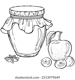 Frasco de vidro com geleia ou geleia e frutas. Maçã, cerejas, anis estrelado. Sobremesa de baga natural caseira. Ilustração vetorial em estilo de rabisco de esboço desenhado à mão. Linhagem isolada em branco para livro de colorir