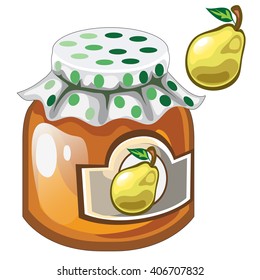 Glass jar with the jam from the pears. Vector illustration.
