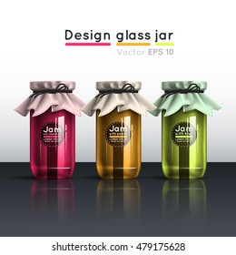 Glass jar with jam. A template of design of packaging of jam with raspberry, a peach and a kiwi.