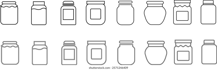 Glass jar kitchen utensil icon set, Hand drawn sketch style drawing. canning and preserving. With cover and without lid. ,isolated on a transparent background, PNG, cutout, or clipping path.