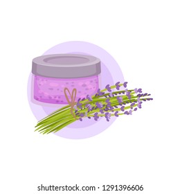 Glass jar of lavender gel or lotion and bunch of flowers. Natural cosmetic. Skin care product. Flat vector design