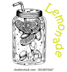 Glass jar with lemon, ginger slices, mint leaves, ice and straw. Black and white drawing. Hand drawing. Isolated on a white background. Doodle. Engraving.