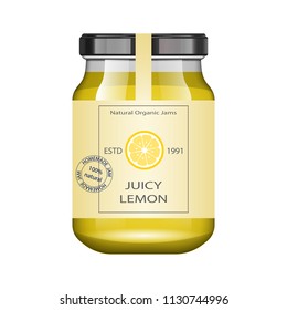 Glass jar with lemon jam and configure. Vector illustration. Packaging collection. Vintage Label for jam. Bank realistic. Mock up glass jar with design label and logo. - Shutterstock ID 1130744996