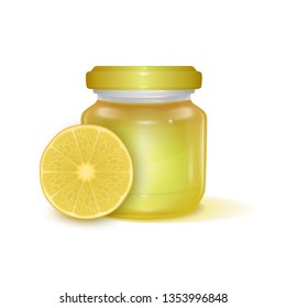 Glass jar with Lemon jam on light background, Label for jam. Mockup for your brand realistic vector EPS 10 illustration