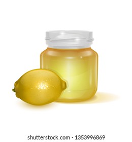 Glass jar with Lemon jam on light background, Label for jam. Mockup for your brand realistic vector EPS 10 illustration