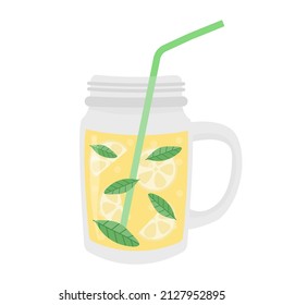 Glass jar with lemonade and a straw