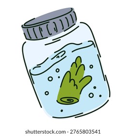 Glass jar with a lid containing a clear liquid and a plant shoot inside, plant research, garden laboratory