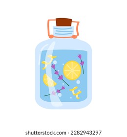 Glass jar with lid in flat style isolated on white background. Eco-friendly detergent - vinegar with lemon and lavender, saving.