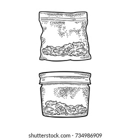 Glass jar with lid and plastic bag for smoking cannabis. Hand drawn design element. Vintage black vector engraving illustration for label, poster, web. Isolated on white background