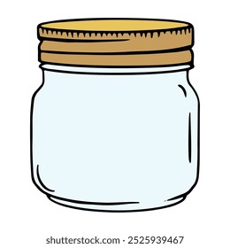 glass jar with a light blue tint and a golden lid in a cartoon style, showcasing a cylindrical shape with a wider opening at the top.