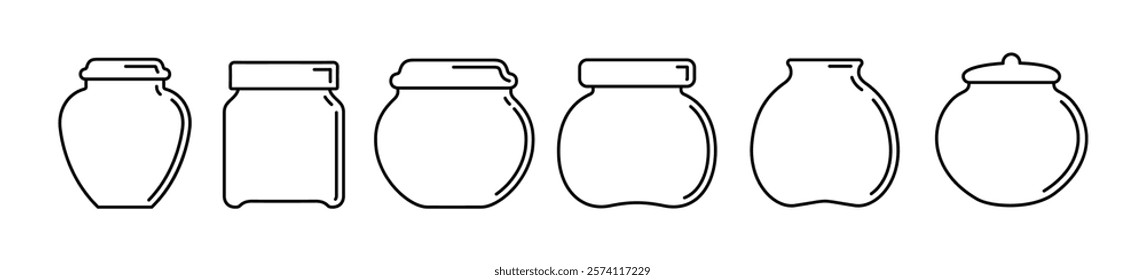 Glass jar line icon set. Homemade conserve,jelly. Jam jar glass icon set.