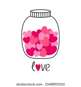 Glass jar Love bottle with pink red hearts inside. Happy Valentines Day. Greeting card, postcard, poster, sticker print template. Contour line doodle. Flat design. White background. Isolated. Vector