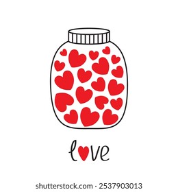 Glass jar Love bottle with red hearts inside. Happy Valentines Day. Greeting card, postcard, poster, sticker print template. Contour line doodle. Flat design. White background. Isolated. Vector