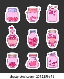 Glass jar with love hearts. Sticker Bookmark. Happy Valentines Day. Romantic bottle. Hand drawn style. Vector drawing. Collection of design elements.