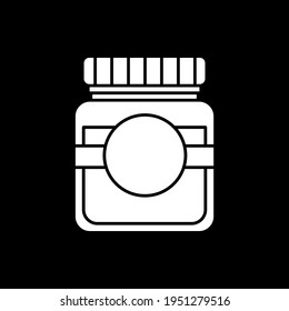 Glass jar with marmalade dark mode glyph icon. Preserved jam. Canned conserved syrup. Glass with liquid sauce for cooking. White silhouette symbol on black space. Vector isolated illustration