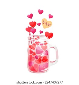 A glass jar with marmalade hearts and the inscription love.Congratulations,a decorative element for Valentine's day,birthday,women's Day.