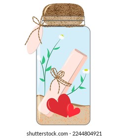 Glass jar with memories - note, hearts, flowers, sand. Collect moments.