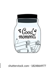 Glass jar with memories notes illustration. Collect moments. Positive thinking and mindfulness. Keeping good memories to support yourself. Good for cards, poster, article, sticker.