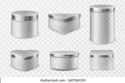 Glass jar with metal lid isolated on transparent background. Vector realistic mockup of empty clear plastic bottles for jam, tea, coffee or cream. Set of different shapes containers with steel cap