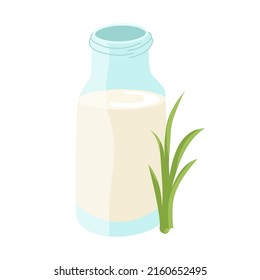 Glass jar with milk and a bush of green grass. Vector isolated illustration for design or decoration.