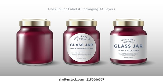 Glass jar mockup with golden lid and label examples. Packaging for marmalade, confiture, jam, sweet canned food template. Mockup of a glass jar with a label.