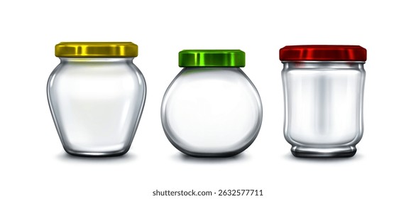 Glass jar mockups - clear container with yellow, red and green metal lids. Realistic 3d empty transparent kitchenware for product packaging design. Food storage preserve bottles with colored caps.