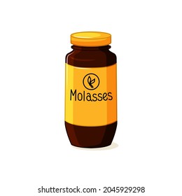 Glass jar with molasses on a white insulated background. Product made from sugar cane. Vector cartoon illustration.