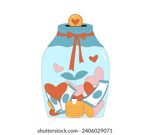 Glass jar money with coins, banknotes, heart symbols isolated on white background. Tips for good work. Donation box. Charity. Fundraising. Vector illustration.