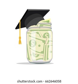 Glass Jar With Money For Education, Isolated Vector Illustration.