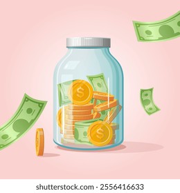 Glass jar for money. Investment vector concept