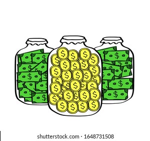 Glass jar and money on a white background. Vector illustration.