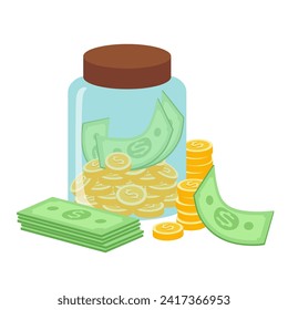 Glass jar with money on white background. Savings concept