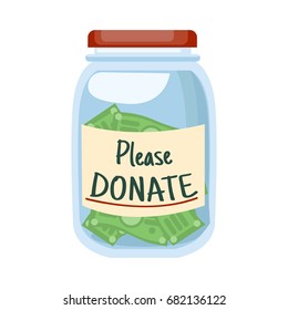 Glass jar with money and text Please DONATE". Vector flat illustration
