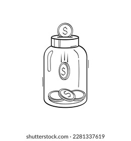 A glass jar with money. Vector sketch line illustration. Piggy bank. Accumulation icon.