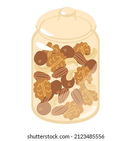 Glass jar with nuts. Walnut, almond, cashew, hazelnut. Home canning. Preparing food for the winter. Stocks in the closet. Flat style in vector illustration. Isolated element.