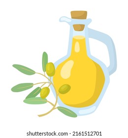 Glass jar with olive oil for salad. Bottle of vegetable oils cartoon illustration isolated on white background