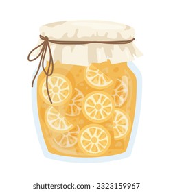 Glass jar with orange jam concept. Canned food, oranges with sugar. Dessert and delicacy. Natural and organic product for winter season. Cartoon flat vector illustration isolated on white background