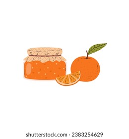 Glass jar of orange jam flat style, vector illustration isolated on white background. Decorative design element, tasty dessert, whole and slice citrus fruit