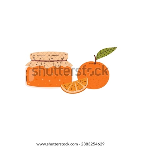 Glass jar of orange jam flat style, vector illustration isolated on white background. Decorative design element, tasty dessert, whole and slice citrus fruit