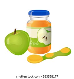 Glass jar of orange puree with tea spoon and green apple isolated on white. Vector illustration of natural baby porridge food from apple in special dish with cover and yellow-green spoon near