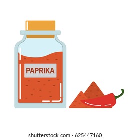 Glass jar with paprika spice in flat style a vector .Spices, seasonings.Element of design culinary websites and kitchen shops and banners.Shops of a natural food.Red sweet and hot pepper.