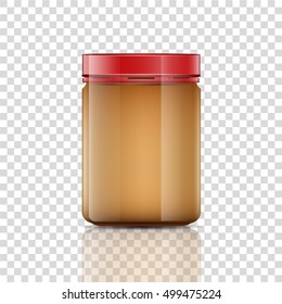 Glass Jar With Peanut Butter Vector Illustration. Packaging Design.