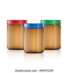 Glass Jar With Peanut Butter Vector Illustration. Packaging Design.