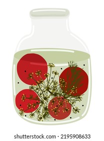 Glass jar of pickled tomatoes with dill and peppercorns. Vector isolated illustration.